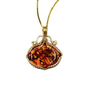 Wire Wrapped Resin Pendant Necklace with Gold Tone Chain